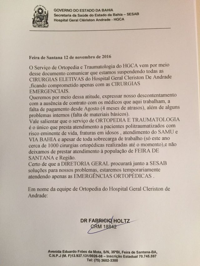 Ortopedistas do Hospital Clériston Andrade suspendem cirgurgias eletivas