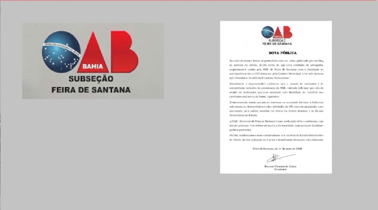 OAB-Feira nega ter criado comissão para acompanhar trabalhos de CPI na Câmara Municipal