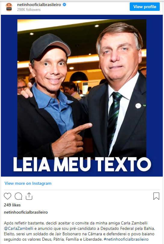 Netinho anuncia pré-candidatura a deputado federal dizendo que será um soldado de bolsonaro